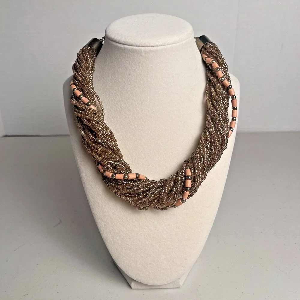 Bronze Seed Bead Torsade Necklace Twisted Multi Strand Chunky Statement 22
